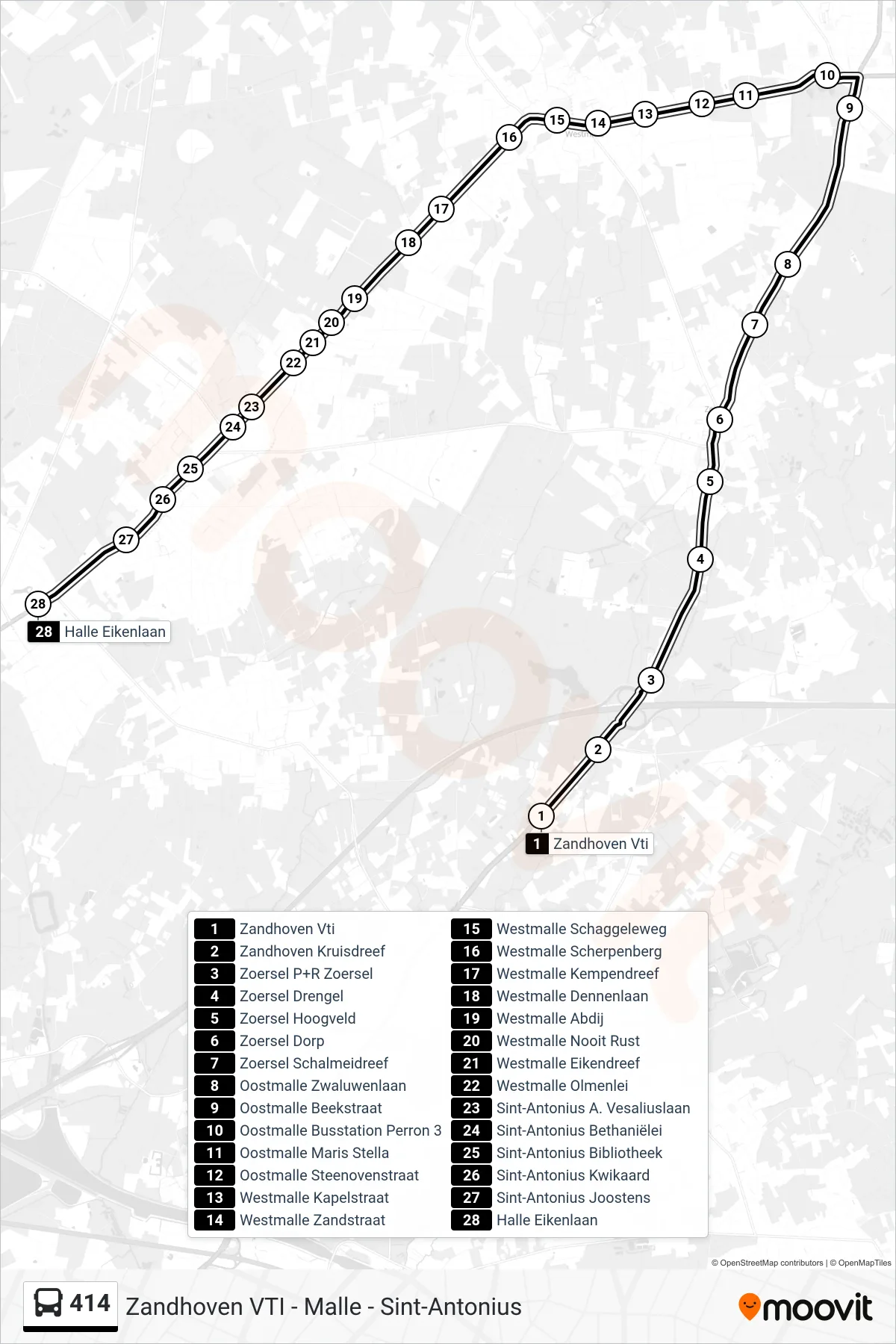 Lijn 414 (bus, Halle Eikenlaan): route en haltes op de kaart