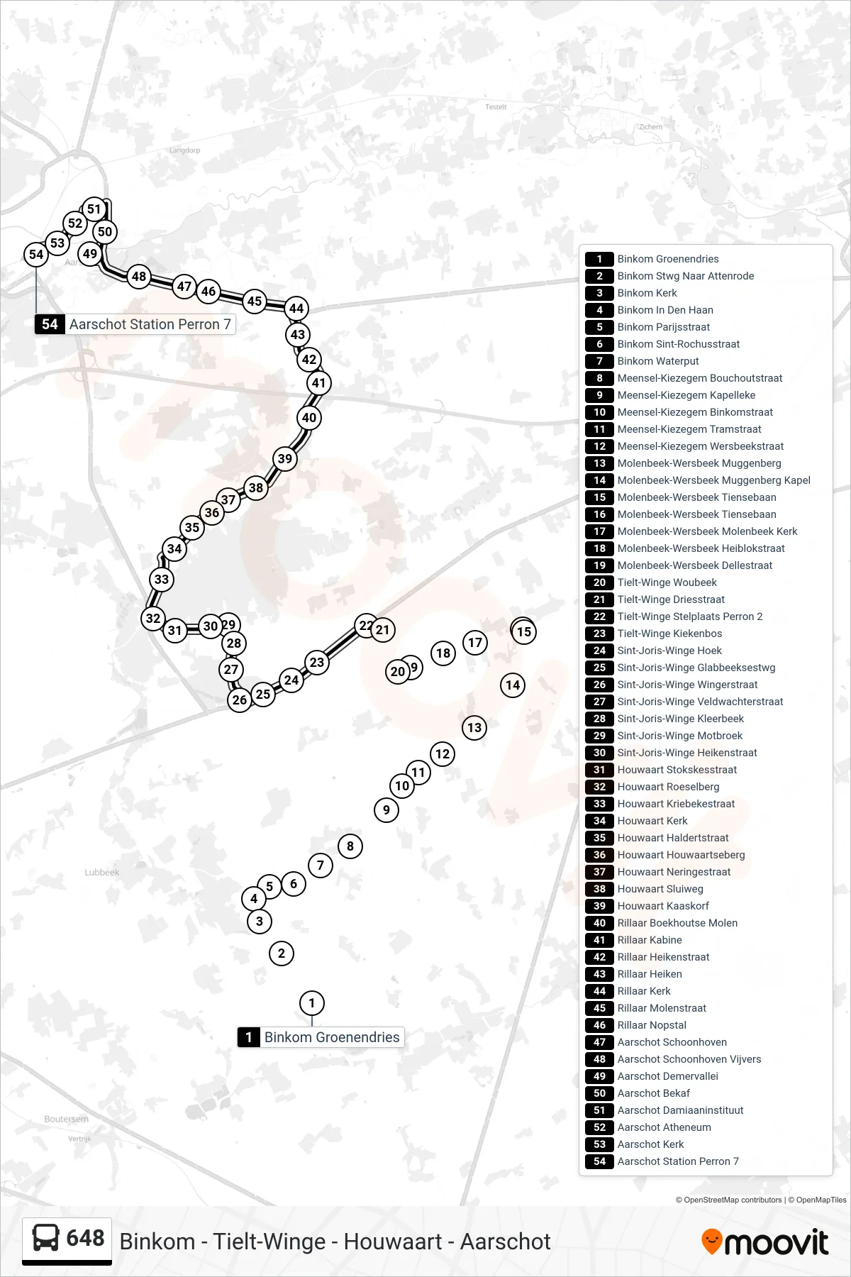 Lijn 648 (bus, Aarschot Station Perron 7): route en haltes op de kaart