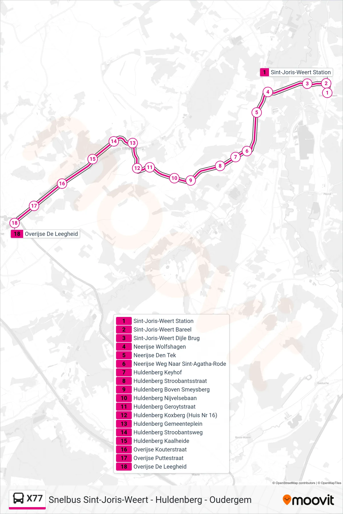 X77 bus Line (Overijse The Emptiness) route and stops on a map