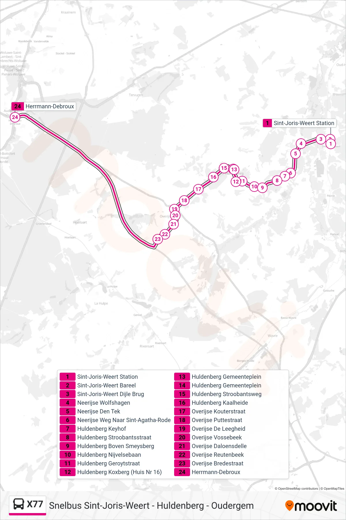 Lijn X77 (bus, Oudergem Herrmann-Debroux): route en haltes op de kaart