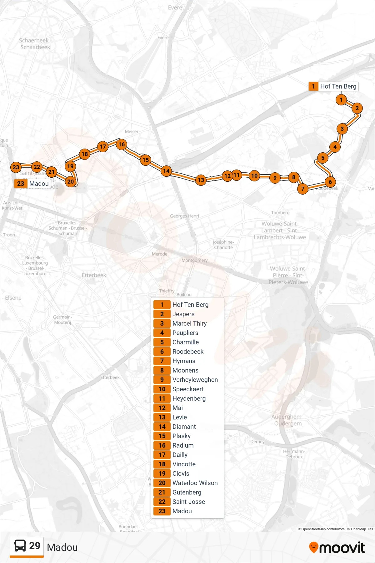 29 bus Line (Madou) route and stops on a map