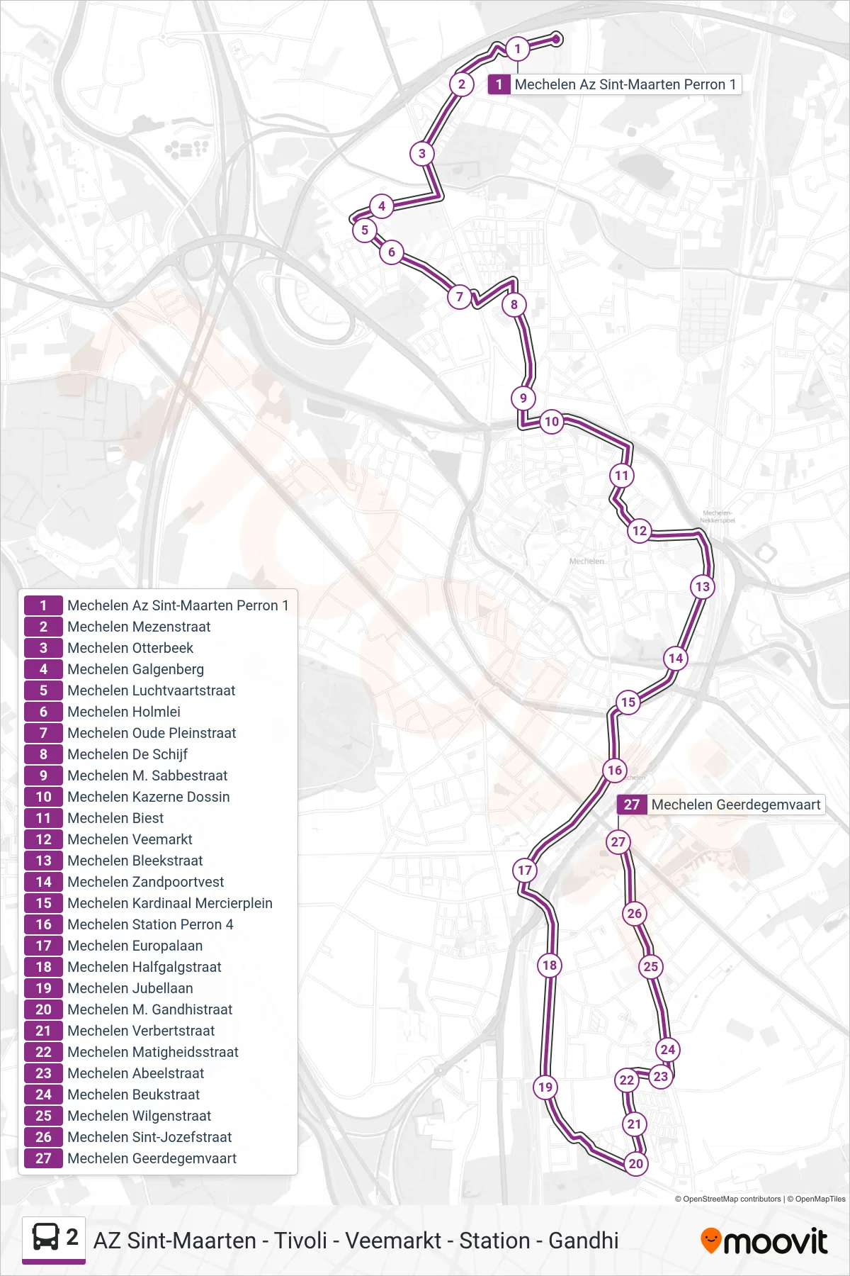 Lijn 2 (bus, Mechelen Geerdegemvaart): route en haltes op de kaart