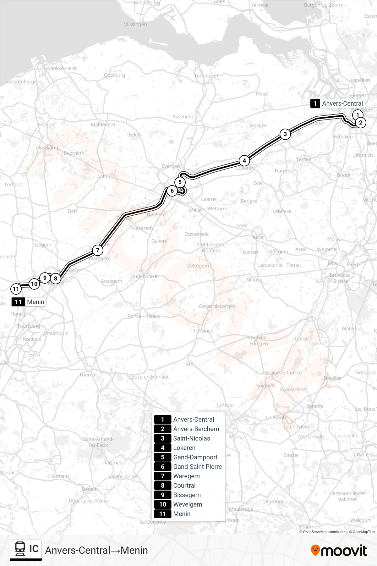 Lijn IC (trein, Anvers-Central→Menin): route en haltes op de kaart