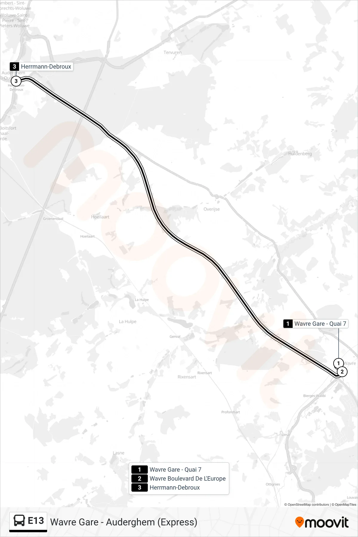 Lijn E13 (bus, Wavre Gare - Quai 7→Auderghem Herrmann-Debroux): route en haltes op de kaart