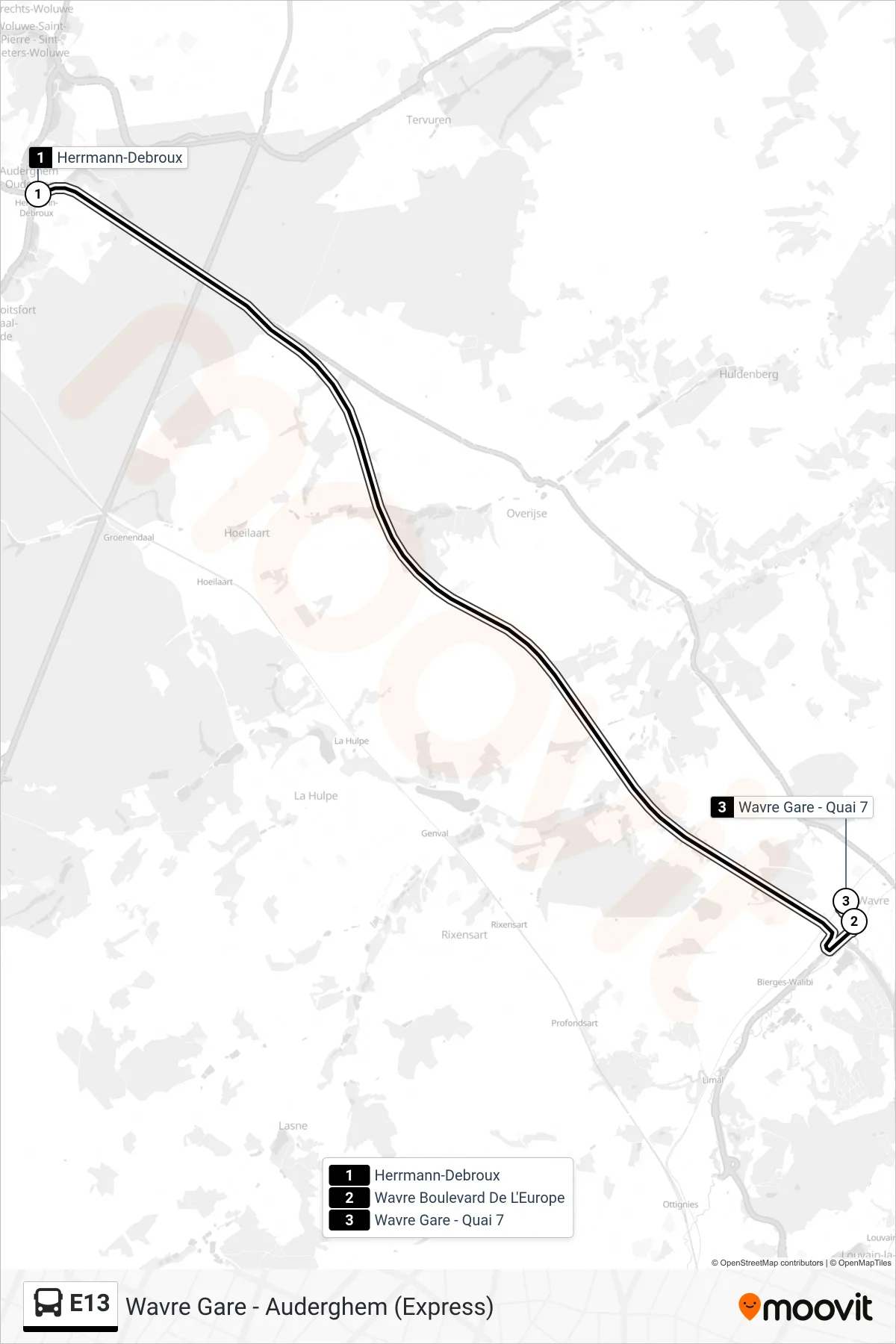 Lijn E13 (bus, Auderghem Herrmann-Debroux‎→Wavre Gare - Quai 7): route en haltes op de kaart