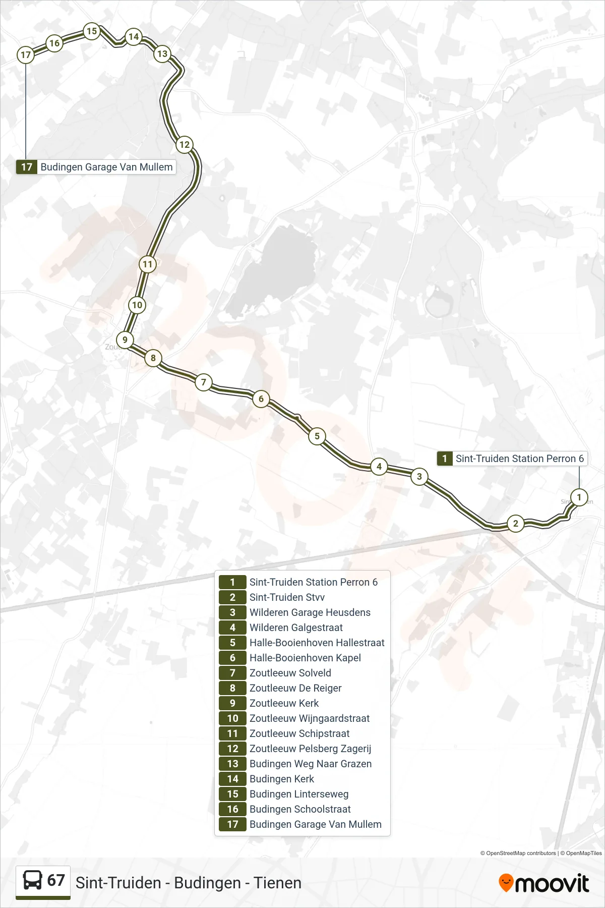 67 bus Line (Budingen Van Mullem Garage) route and stops on a map
