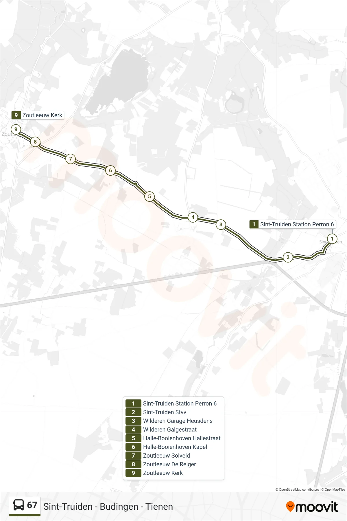 Lijn 67 (bus, Zoutleeuw Kerk): route en haltes op de kaart