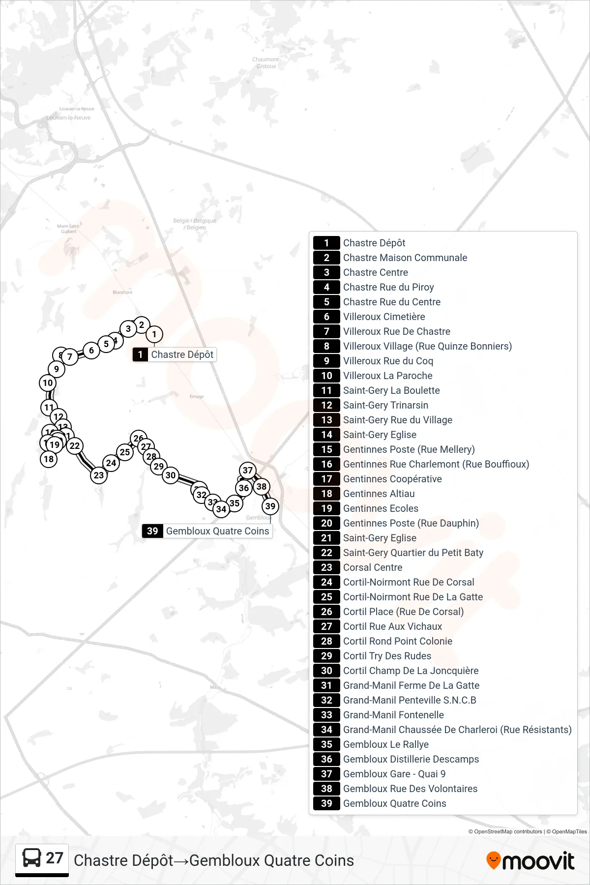 27 bus Line (Chastre Depot‎→Gembloux Four Corners) route and stops on a map