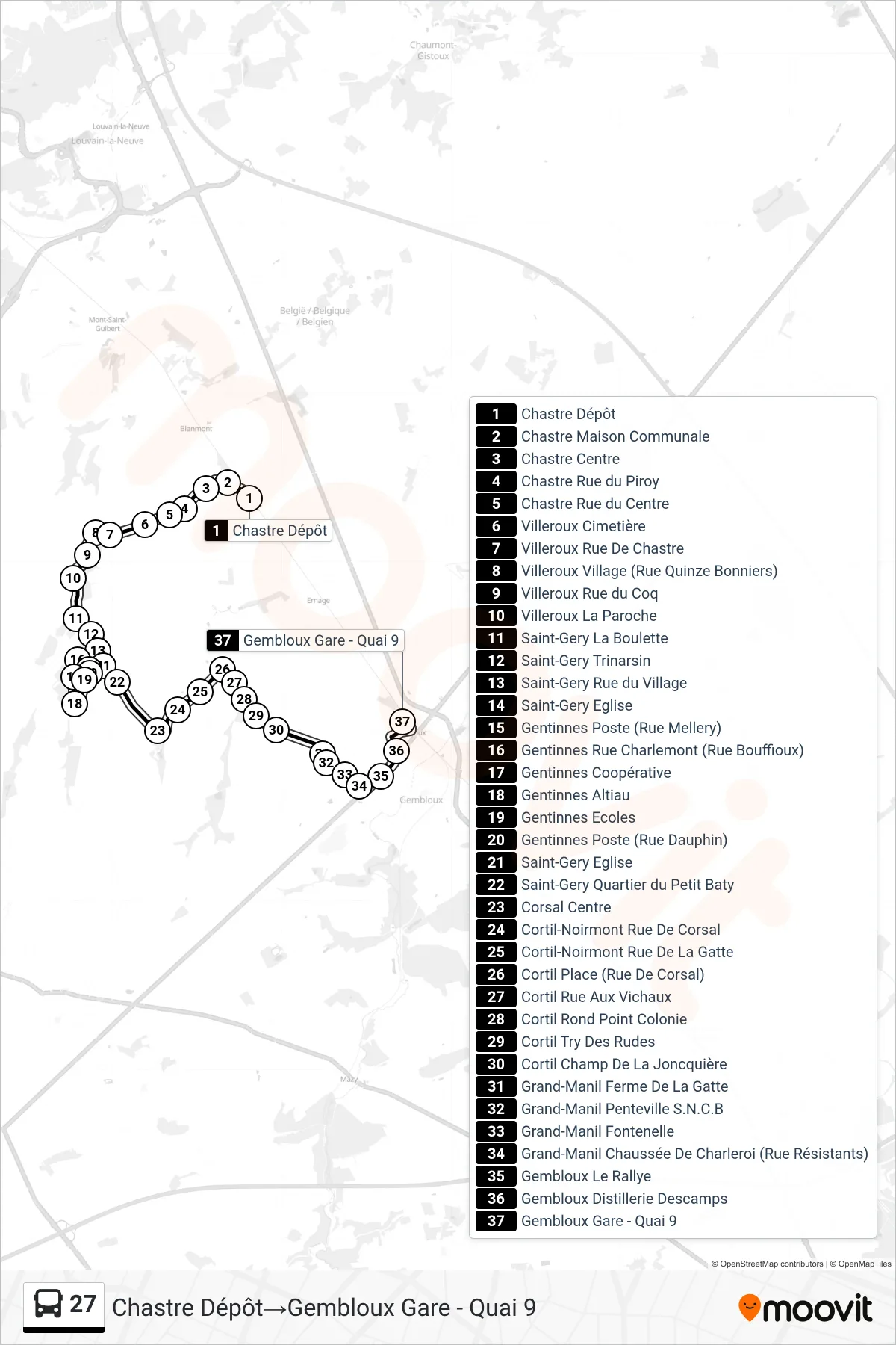 27 bus Line (Chastre Depot‎→Gembloux Station - Platform 9) route and stops on a map