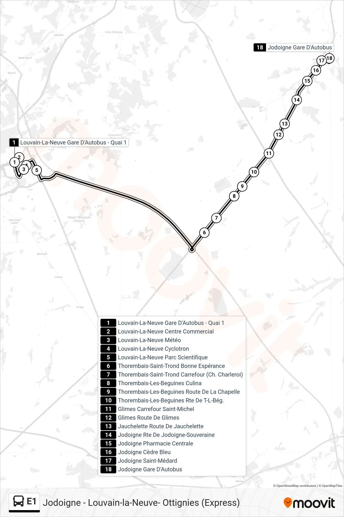 Lijn E1 (bus, Louvain-La-Neuve Gare D'Autobus - Quai 1‎→Jodoigne Gare D'Autobus): route en haltes op de kaart
