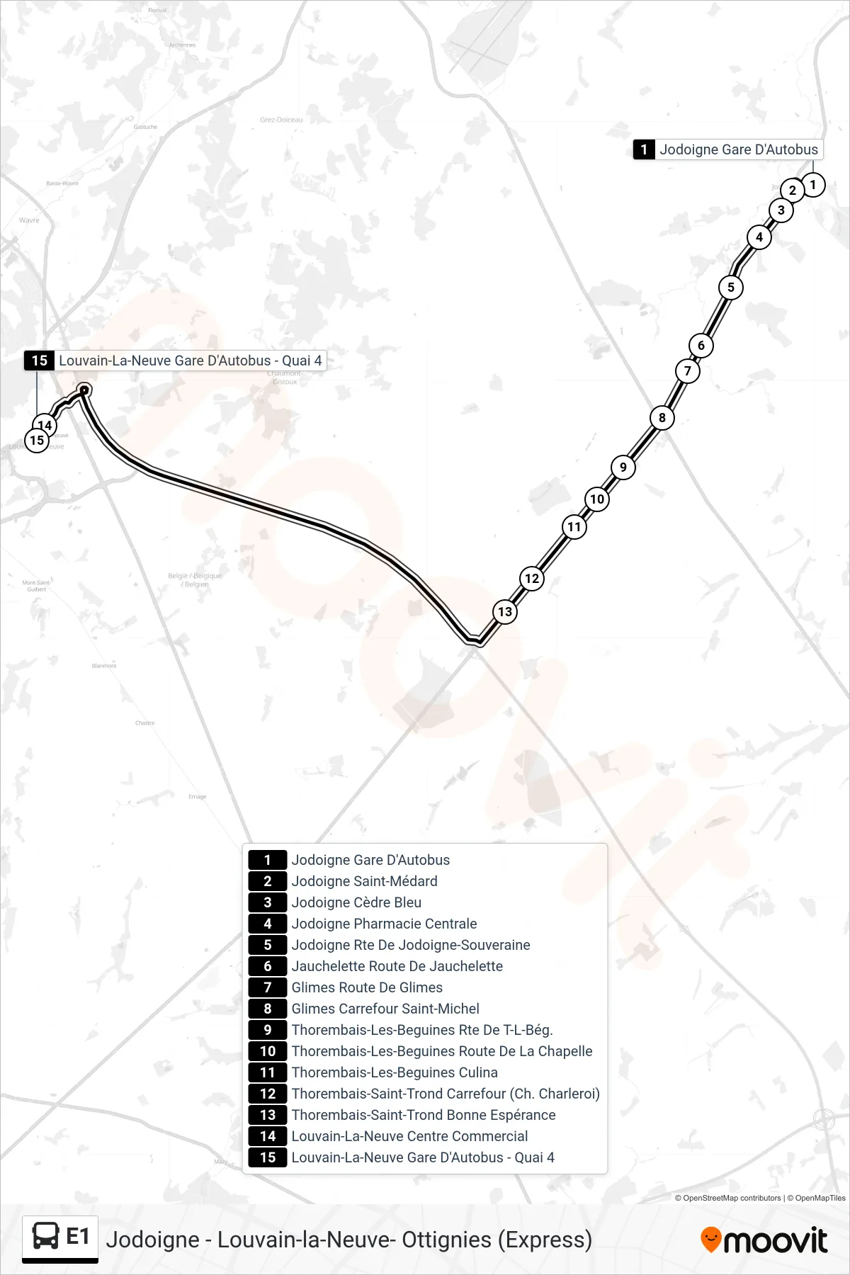 Lijn E1 (bus, Jodoigne Gare D'Autobus→Louvain-La-Neuve Gare D'Autobus - Quai 4): route en haltes op de kaart