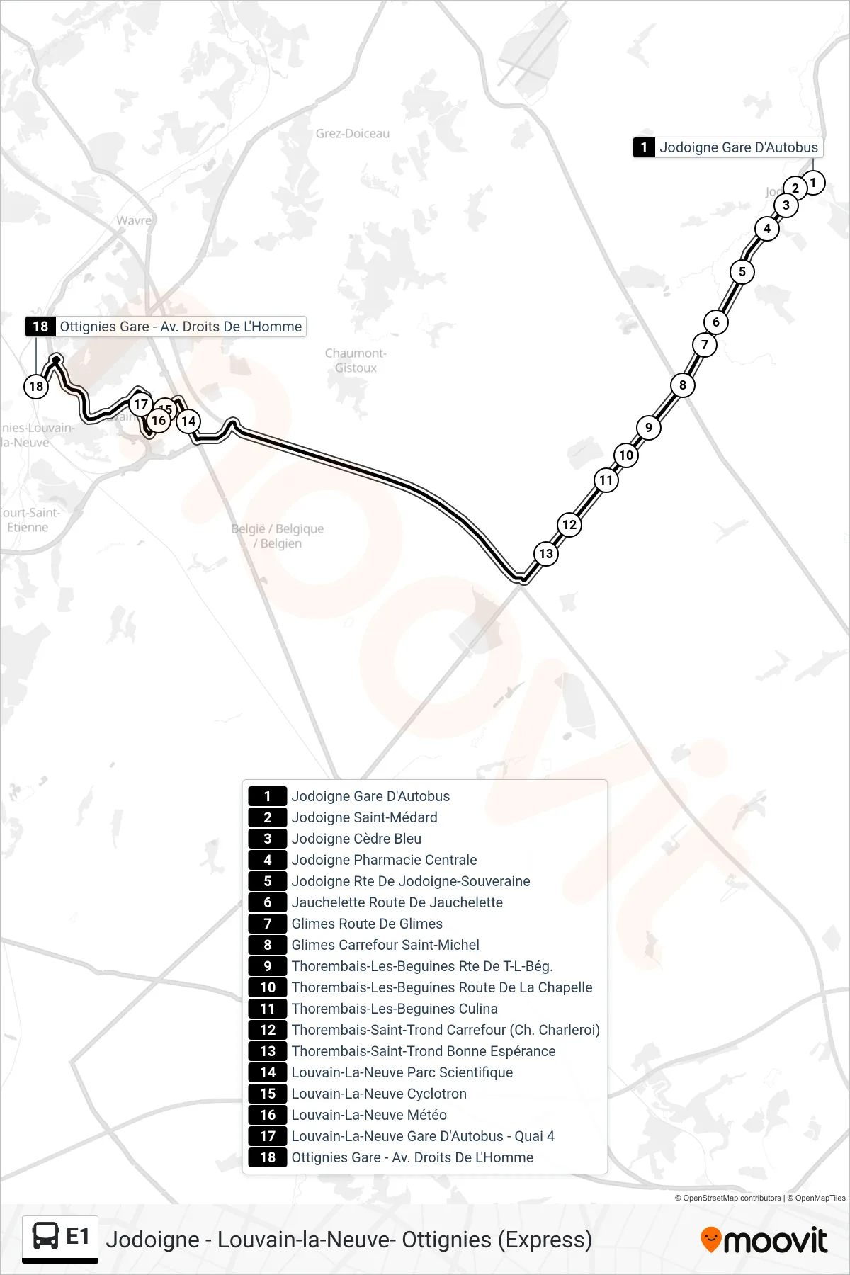 E1 bus Line (Jodoigne Bus Station→Ottignies Station - Human Rights Avenue) route and stops on a map