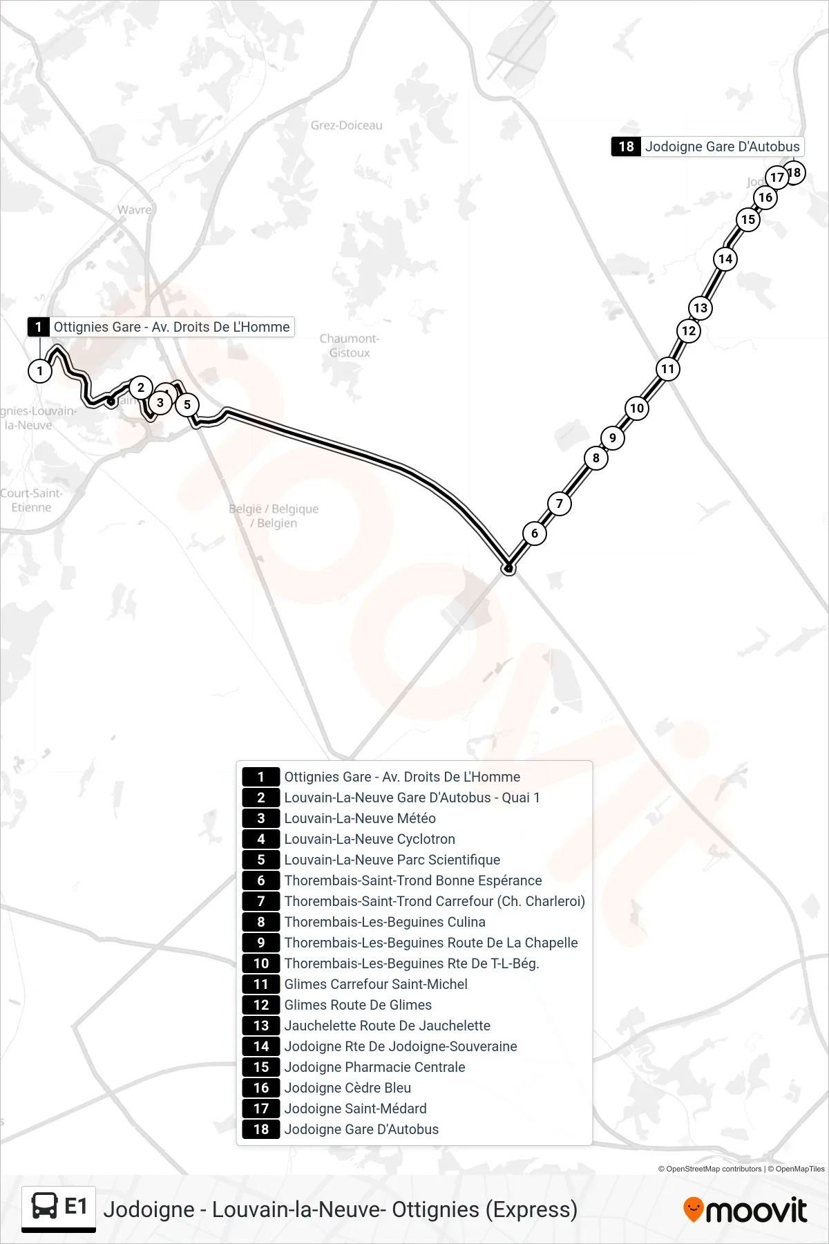 Lijn E1 (bus, Ottignies Gare - Av. Droits De L'Homme→Jodoigne Gare D'Autobus): route en haltes op de kaart