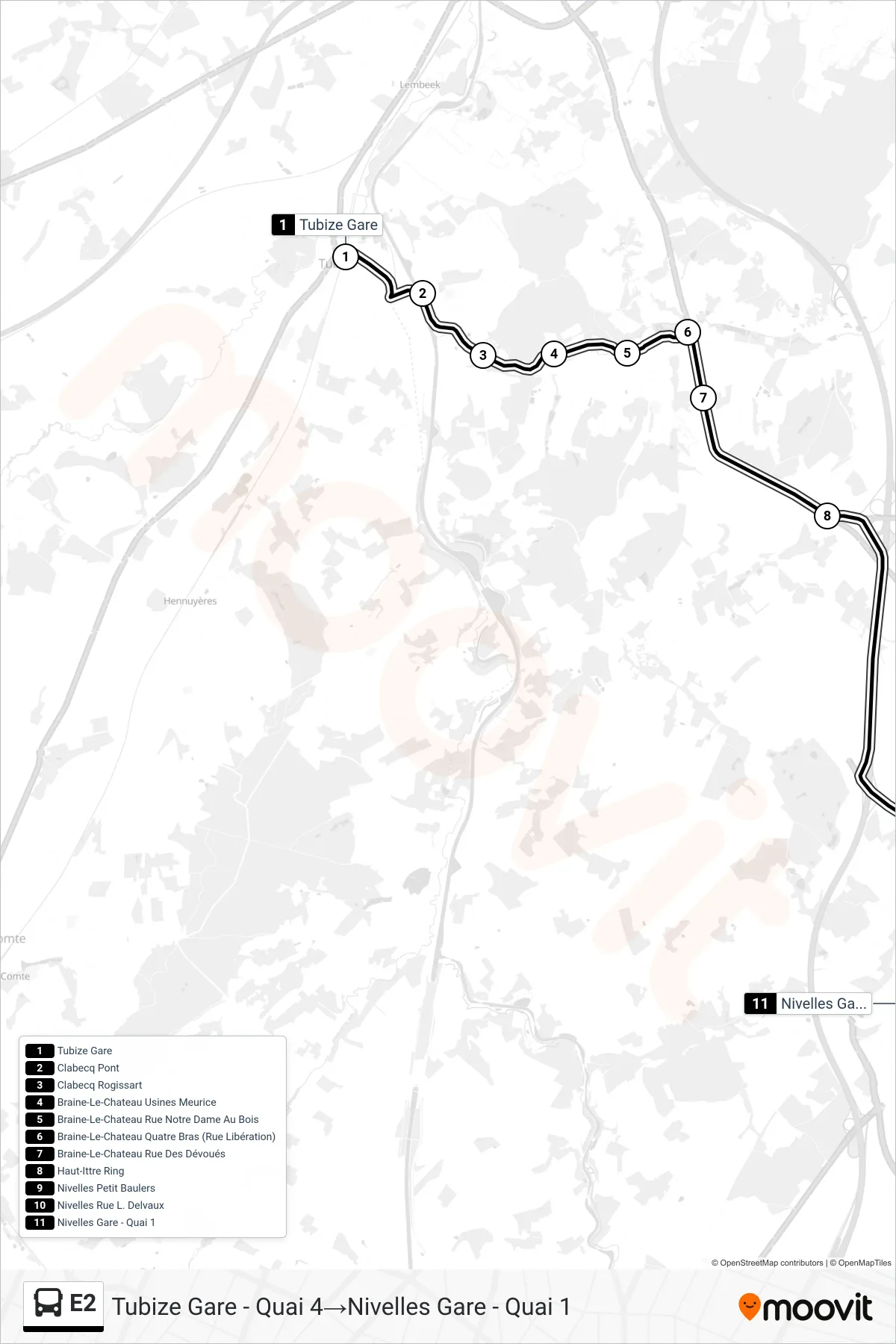 Lijn E2 (bus, Tubize Gare - Quai 4‎→Nivelles Gare - Quai 1): route en haltes op de kaart