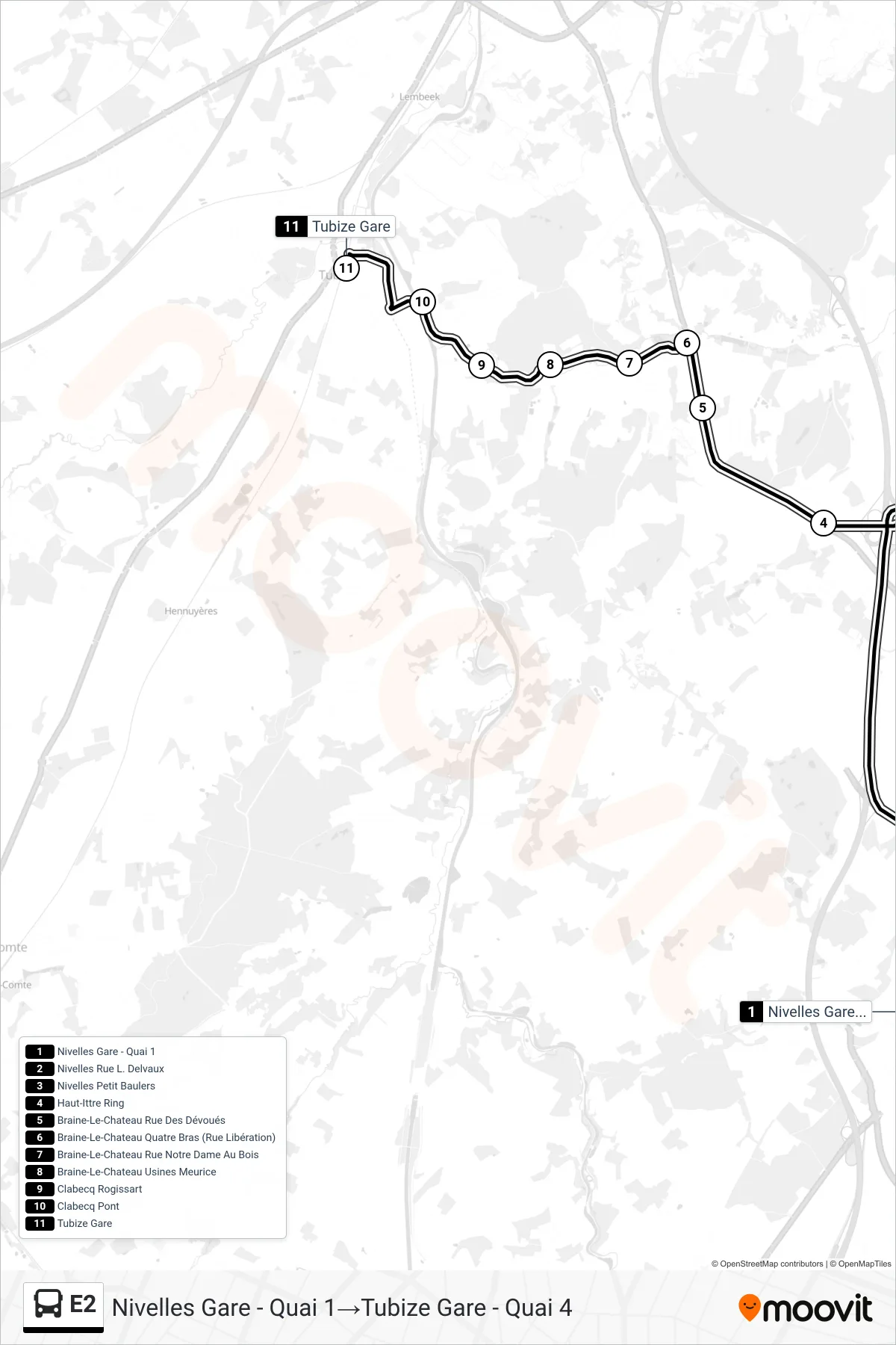 Lijn E2 (bus, Nivelles Gare - Quai 1→Tubize Gare - Quai 4): route en haltes op de kaart