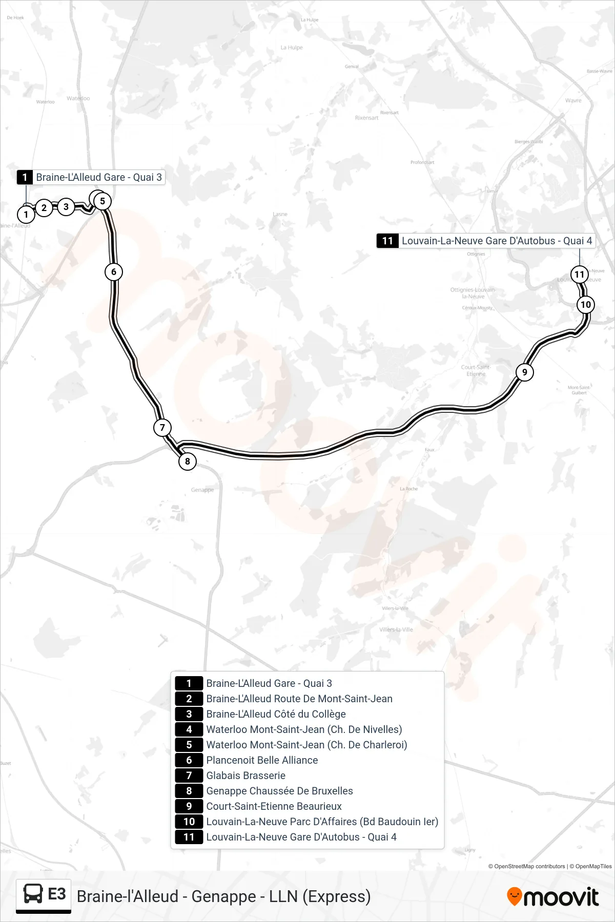 E3 bus Line (Braine-L'Alleud Station - Platform 3→Louvain-La-Neuve Bus Station - Platform 4) route and stops on a map