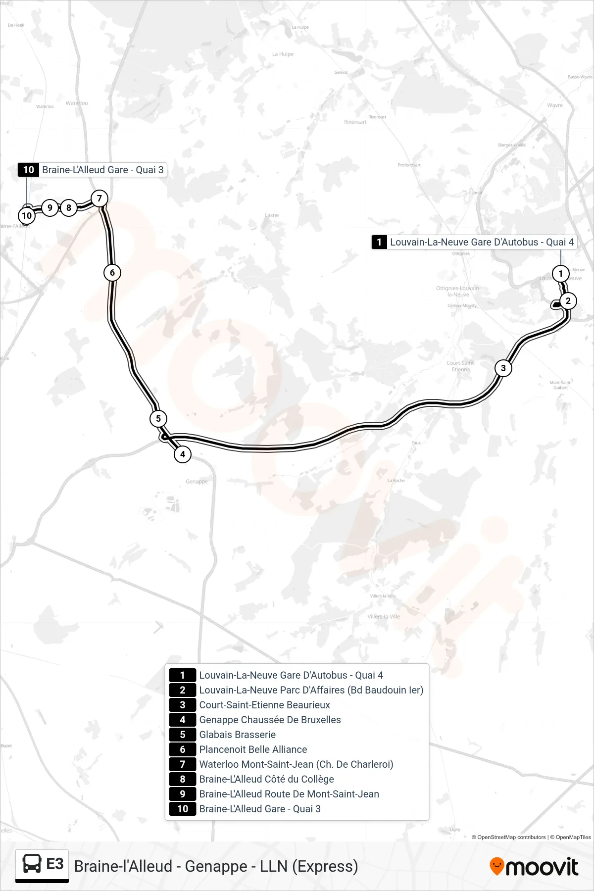 Lijn E3 (bus, Louvain-La-Neuve Gare D'Autobus - Quai 4‎→Braine-L'Alleud Gare - Quai 3): route en haltes op de kaart