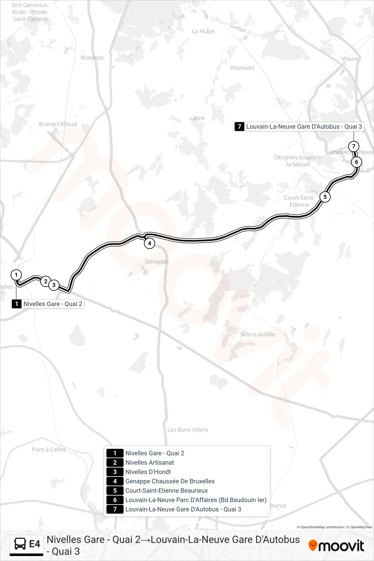 Lijn E4 (bus, Nivelles Gare - Quai 2‎→Louvain-La-Neuve Gare D'Autobus - Quai 3): route en haltes op de kaart