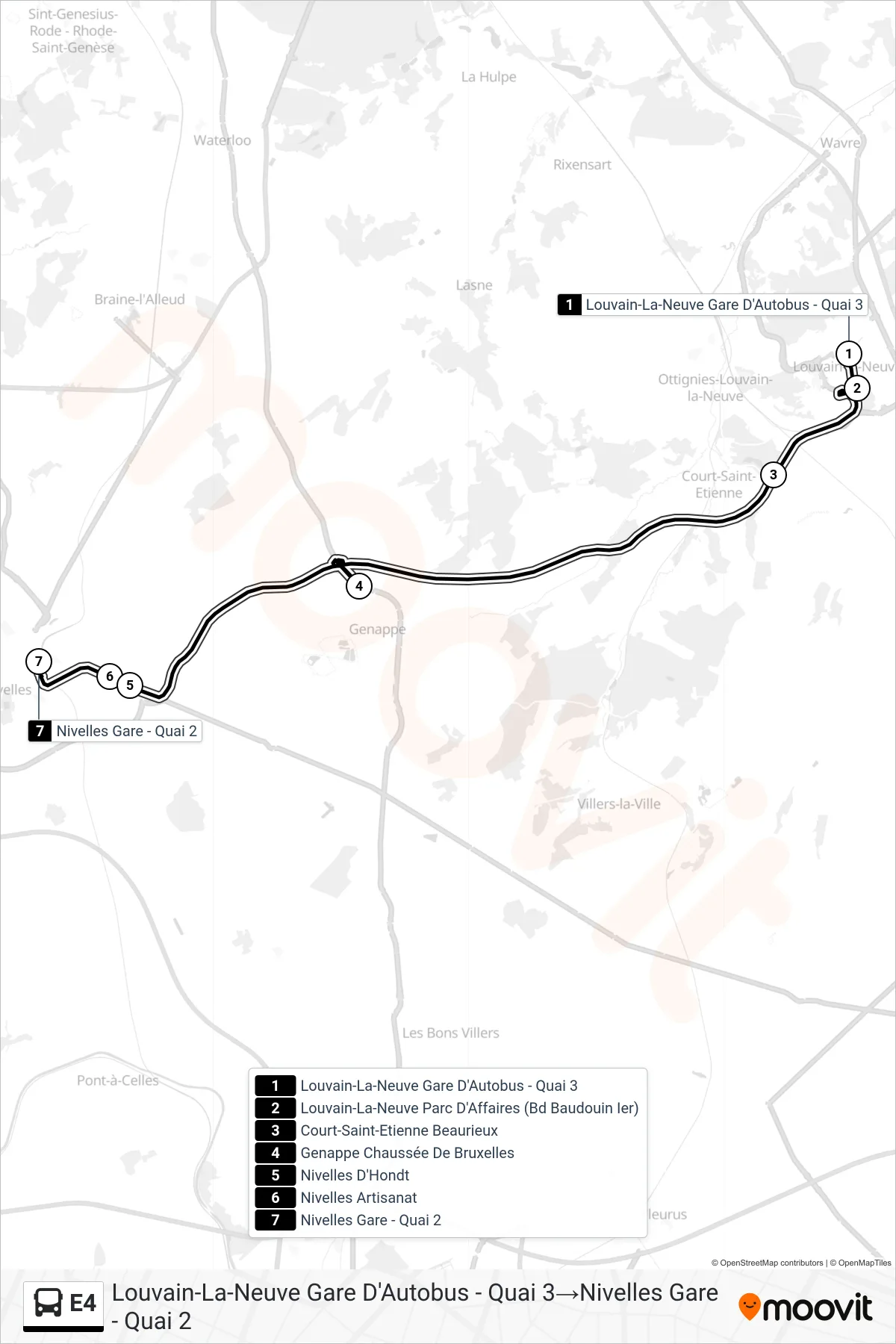 Lijn E4 (bus, Louvain-La-Neuve Gare D'Autobus - Quai 3‎→Nivelles Gare - Quai 2): route en haltes op de kaart