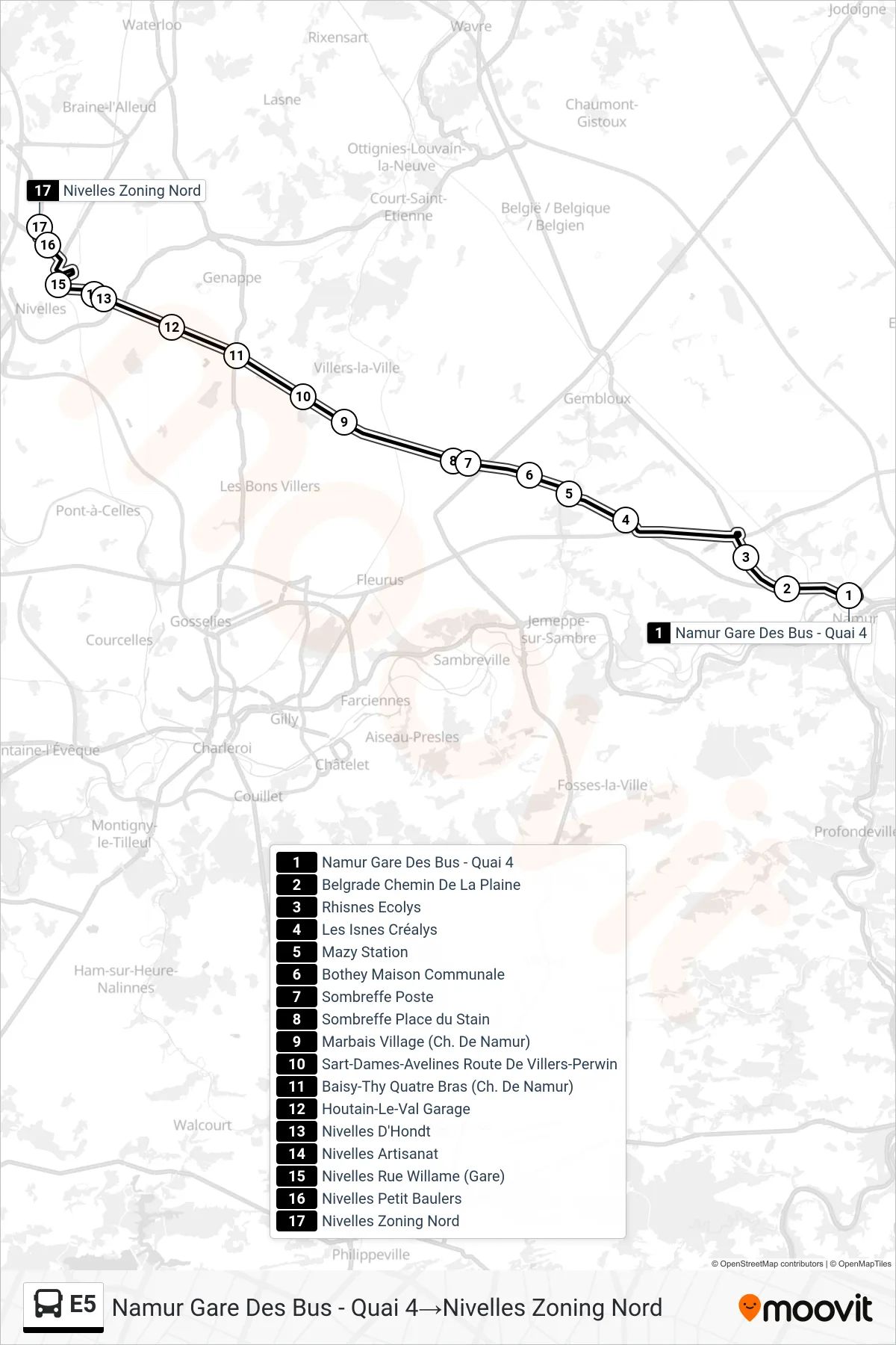 Lijn E5 (bus, Namur Gare Des Bus - Quai 4‎→Nivelles Zoning Nord): route en haltes op de kaart