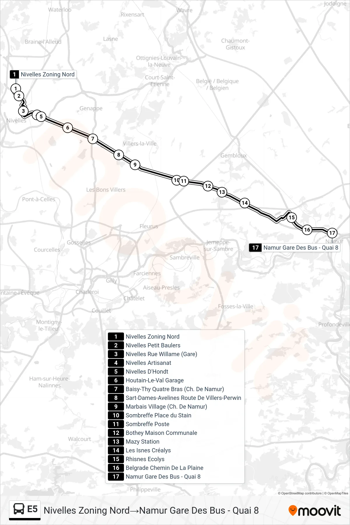Lijn E5 (bus, Nivelles Zoning Nord‎→Namur Gare Des Bus - Quai 8): route en haltes op de kaart