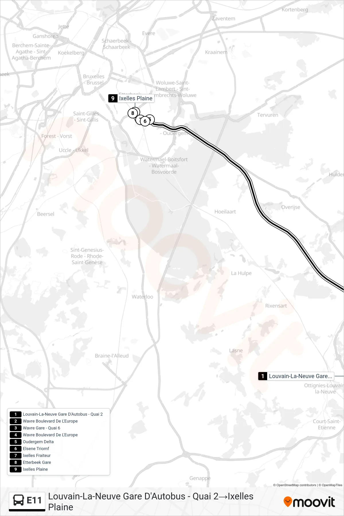 E11 bus Line (Louvain-La-Neuve Bus Station - Platform 2‎→Ixelles Plain) route and stops on a map