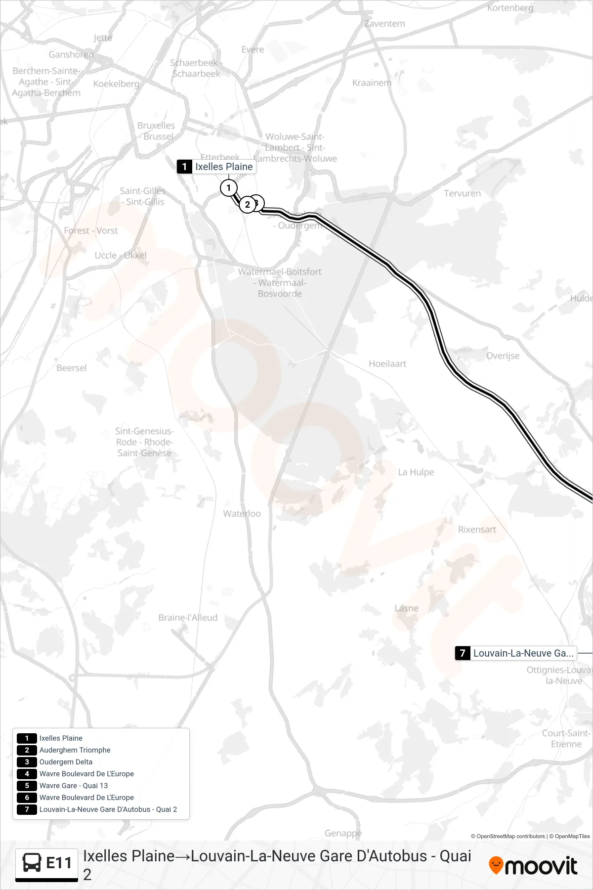 Lijn E11 (bus, Ixelles Plaine→Louvain-La-Neuve Gare D'Autobus - Quai 2): route en haltes op de kaart