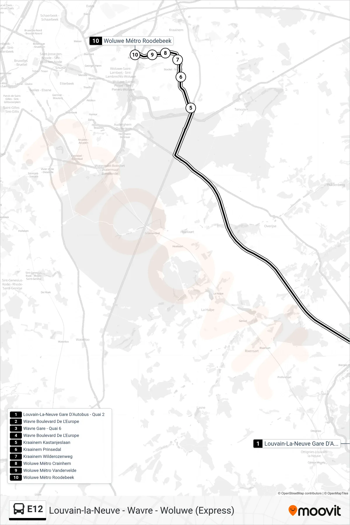 Lijn E12 (bus, Louvain-La-Neuve Gare D'Autobus - Quai 2‎→Woluwe Métro Roodebeek): route en haltes op de kaart