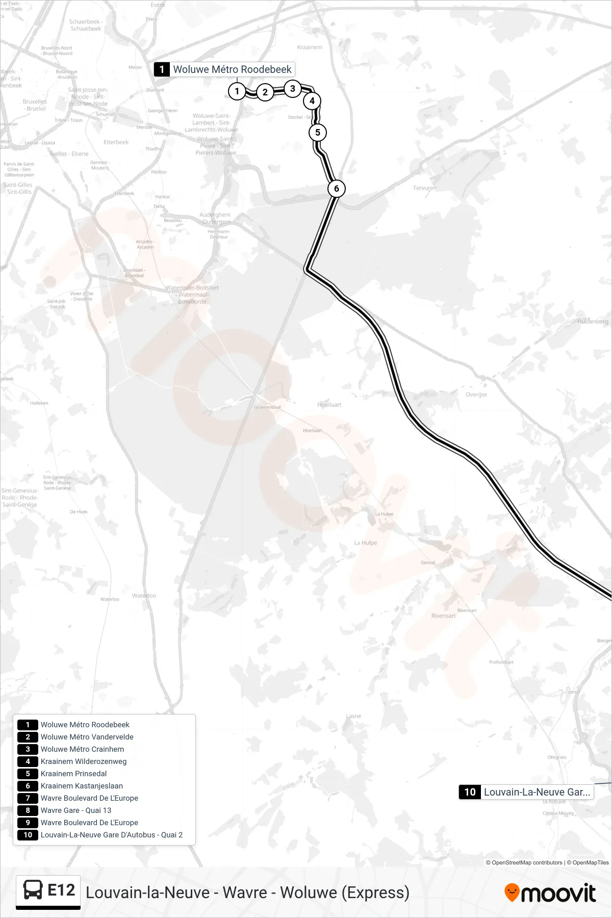 E12 bus Line (Woluwe Roodebeek Metro→Louvain-La-Neuve Bus Station - Platform 2) route and stops on a map