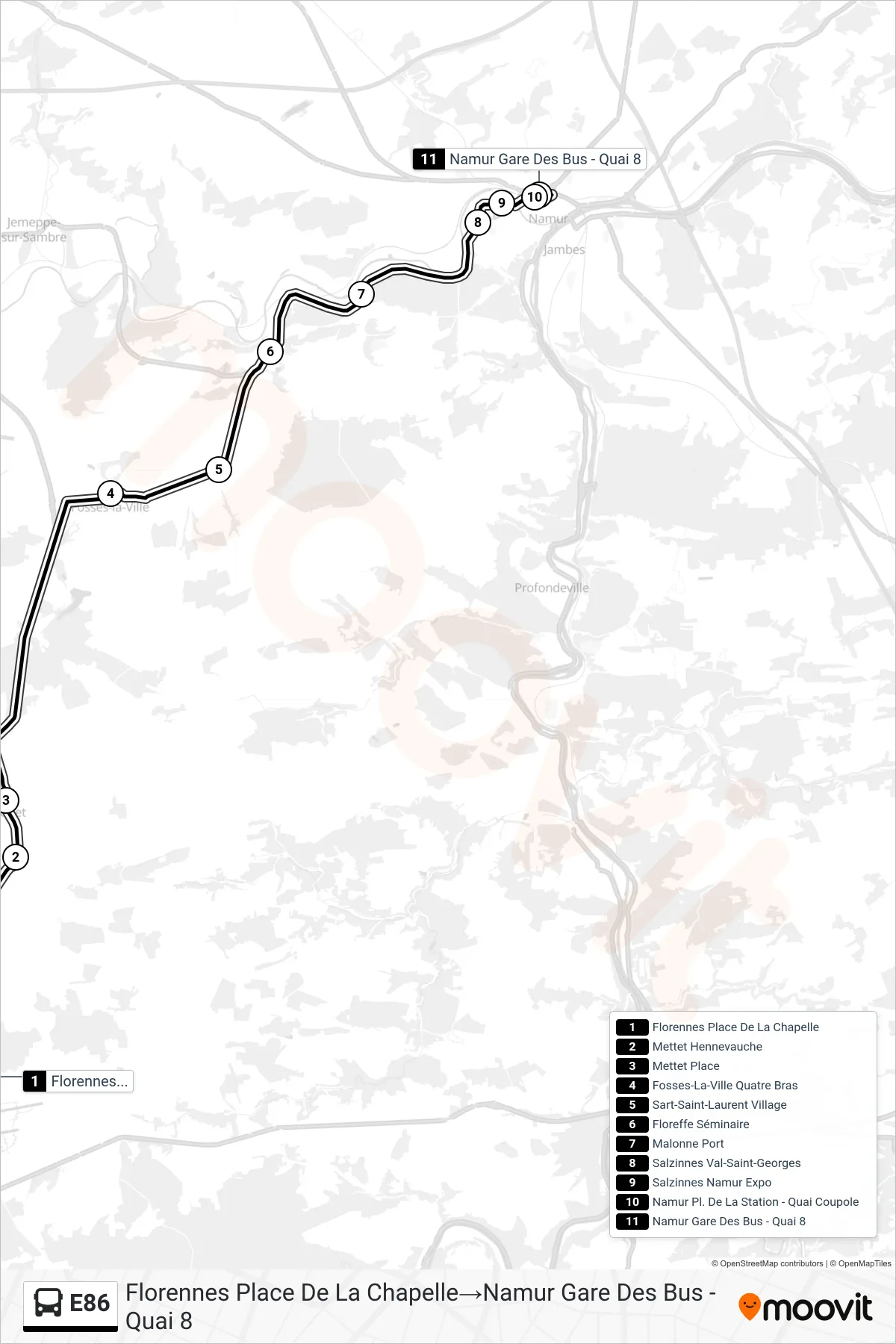Lijn E86 (bus, Florennes Place De La Chapelle‎→Namur Gare Des Bus - Quai 8): route en haltes op de kaart