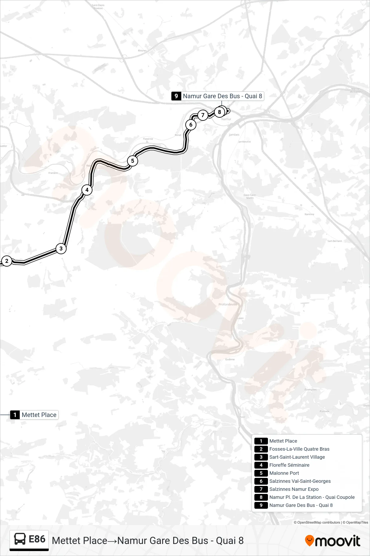 E86 bus Line (Mettet Square‎→Namur Bus Station - Platform 8) route and stops on a map