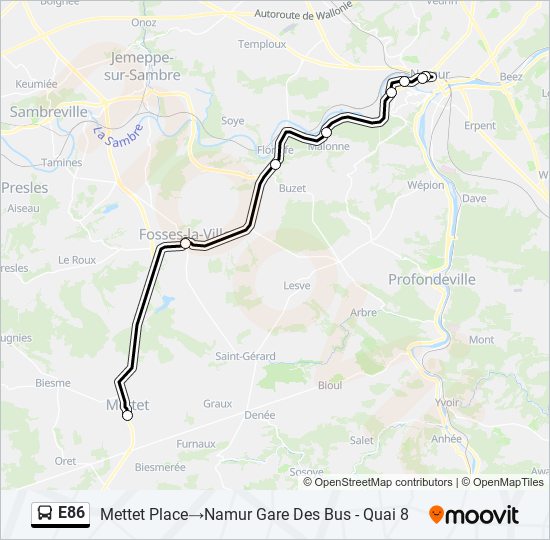 Plan de la ligne E86 de bus