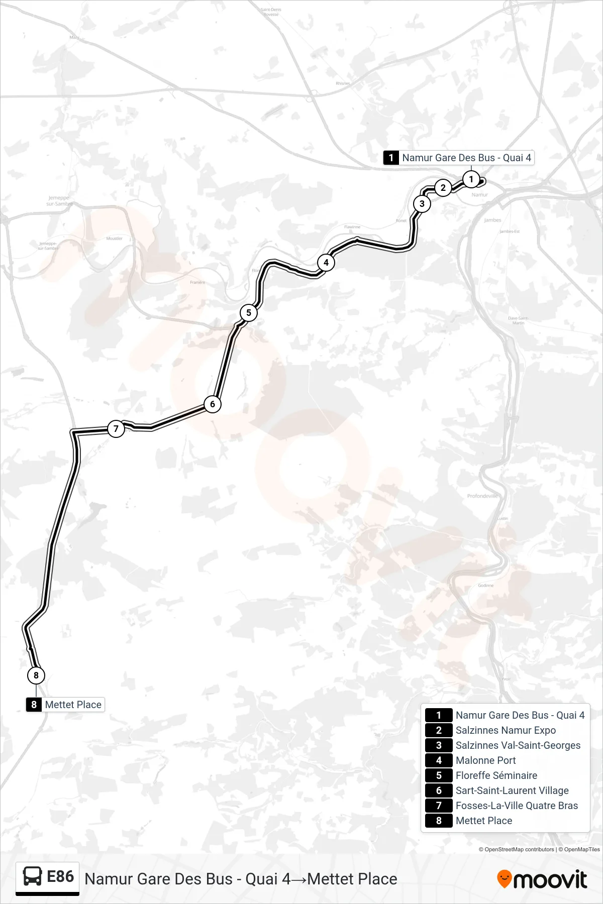 Lijn E86 (bus, Namur Gare Des Bus - Quai 4→Mettet Place): route en haltes op de kaart