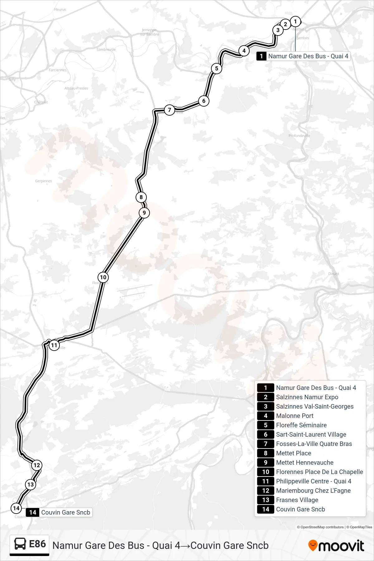 E86 bus Line (Namur Bus Station - Platform 4→Couvin Railway Station) route and stops on a map