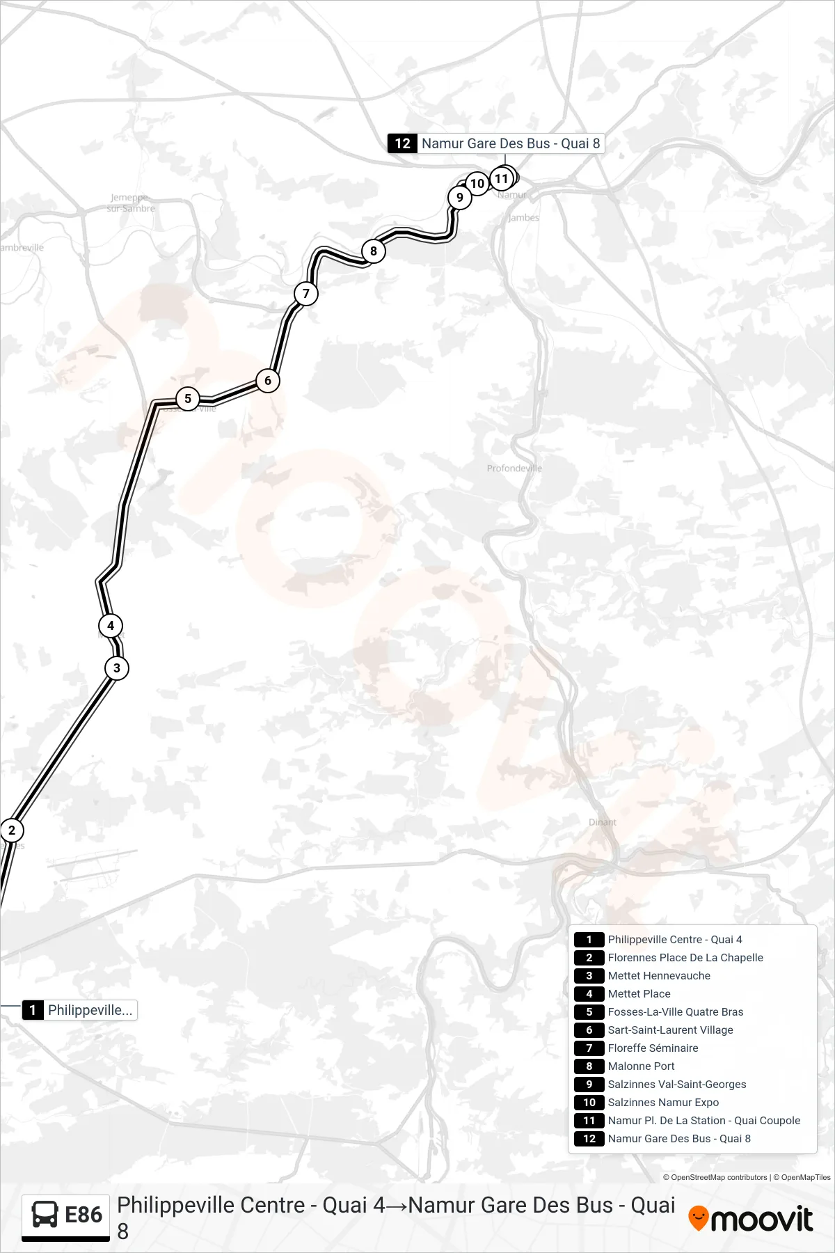 Lijn E86 (bus, Philippeville Centre - Quai 4‎→Namur Gare Des Bus - Quai 8): route en haltes op de kaart