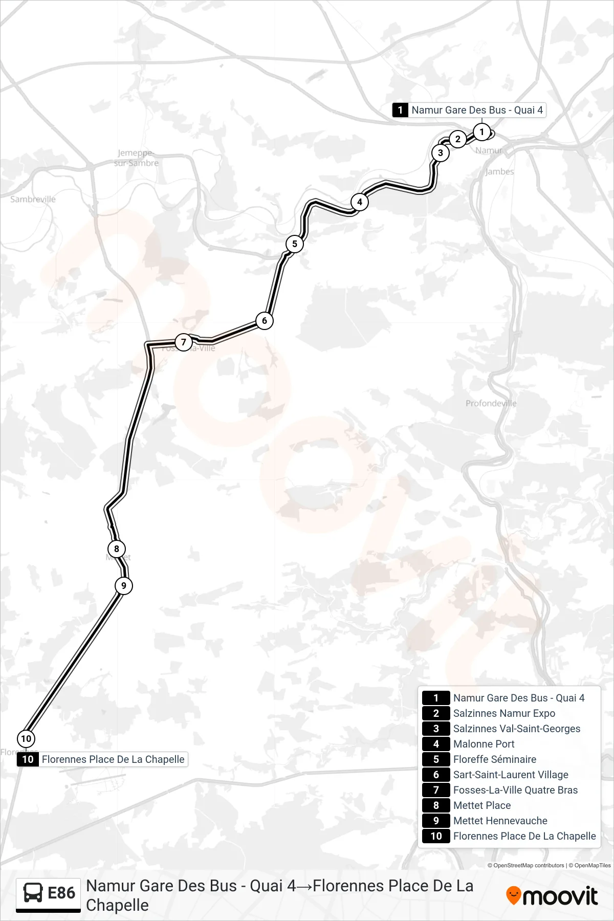 E86 bus Line (Namur Bus Station - Platform 4→Florennes Chapel Square) route and stops on a map