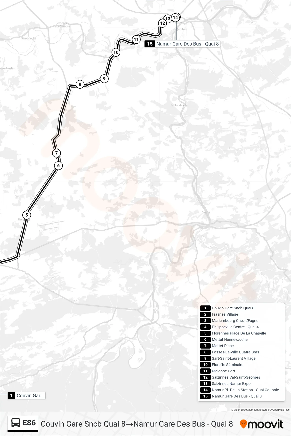 Lijn E86 (bus, Couvin Gare Sncb Quai 8→Namur Gare Des Bus - Quai 8): route en haltes op de kaart