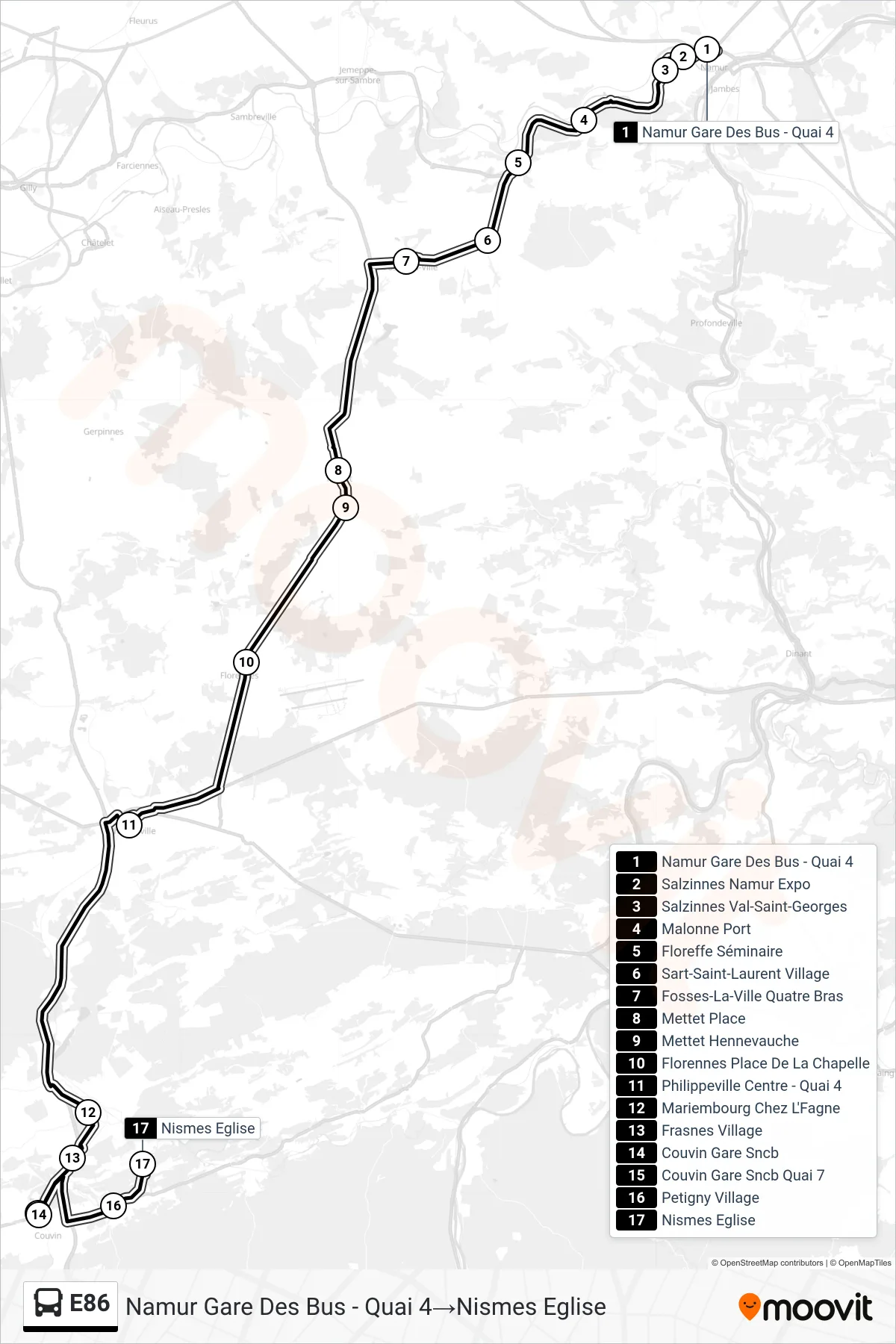 E86 bus Line (Namur Bus Station - Platform 4‎→Nismes Church) route and stops on a map