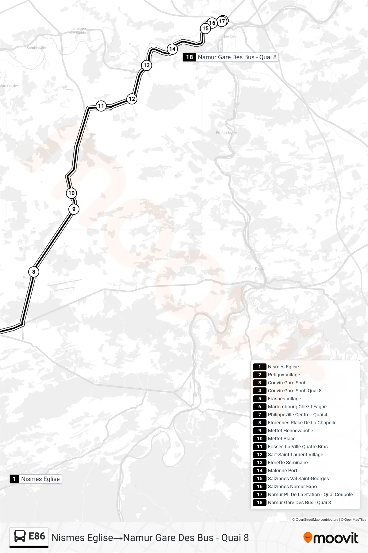 Lijn E86 (bus, Nismes Eglise→Namur Gare Des Bus - Quai 8): route en haltes op de kaart