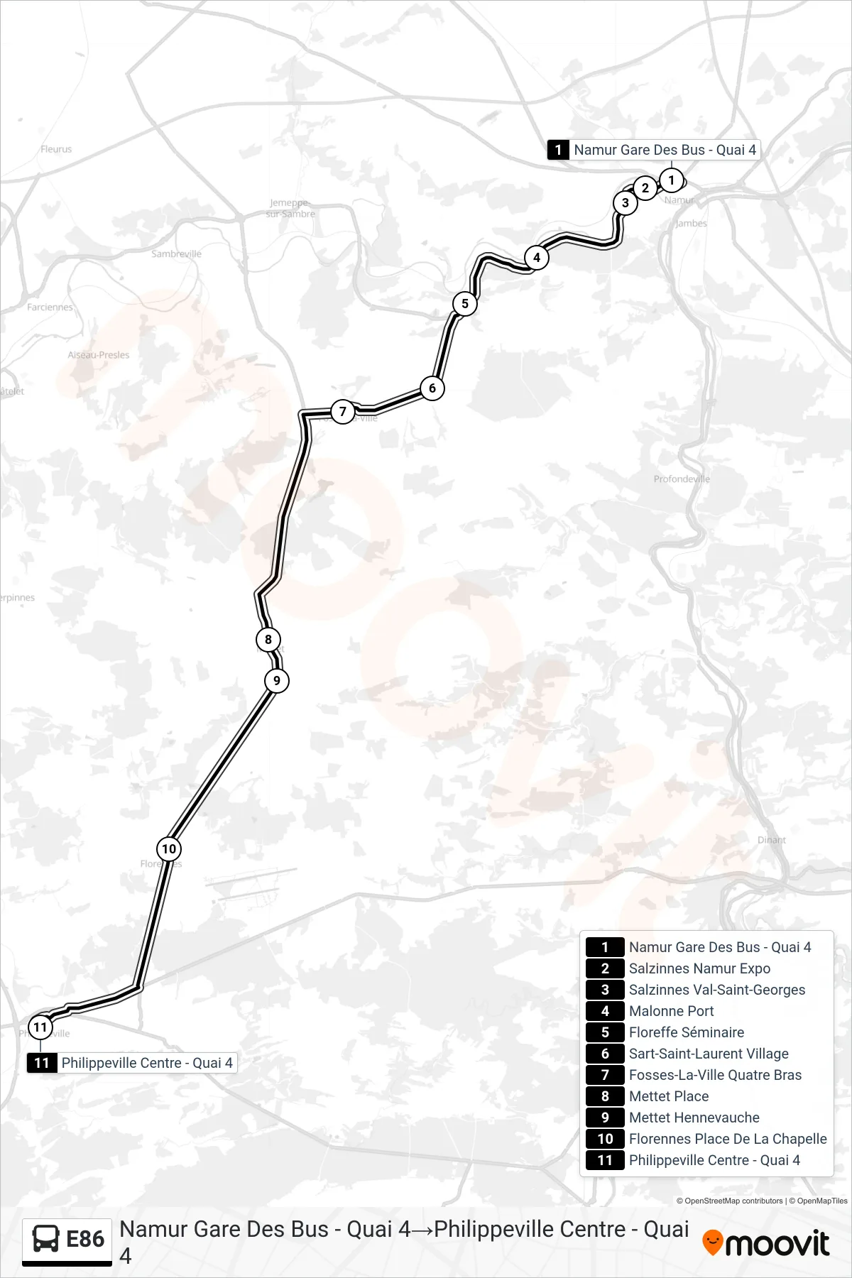 E86 bus Line (Namur Bus Station - Platform 4‎→Philippeville Center - Platform 4) route and stops on a map