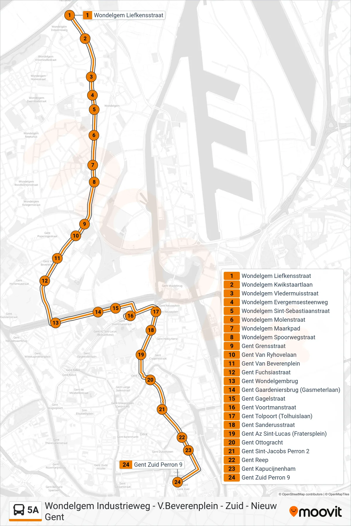 Lijn 5A (bus, Gent Zuid Perron 9): route en haltes op de kaart
