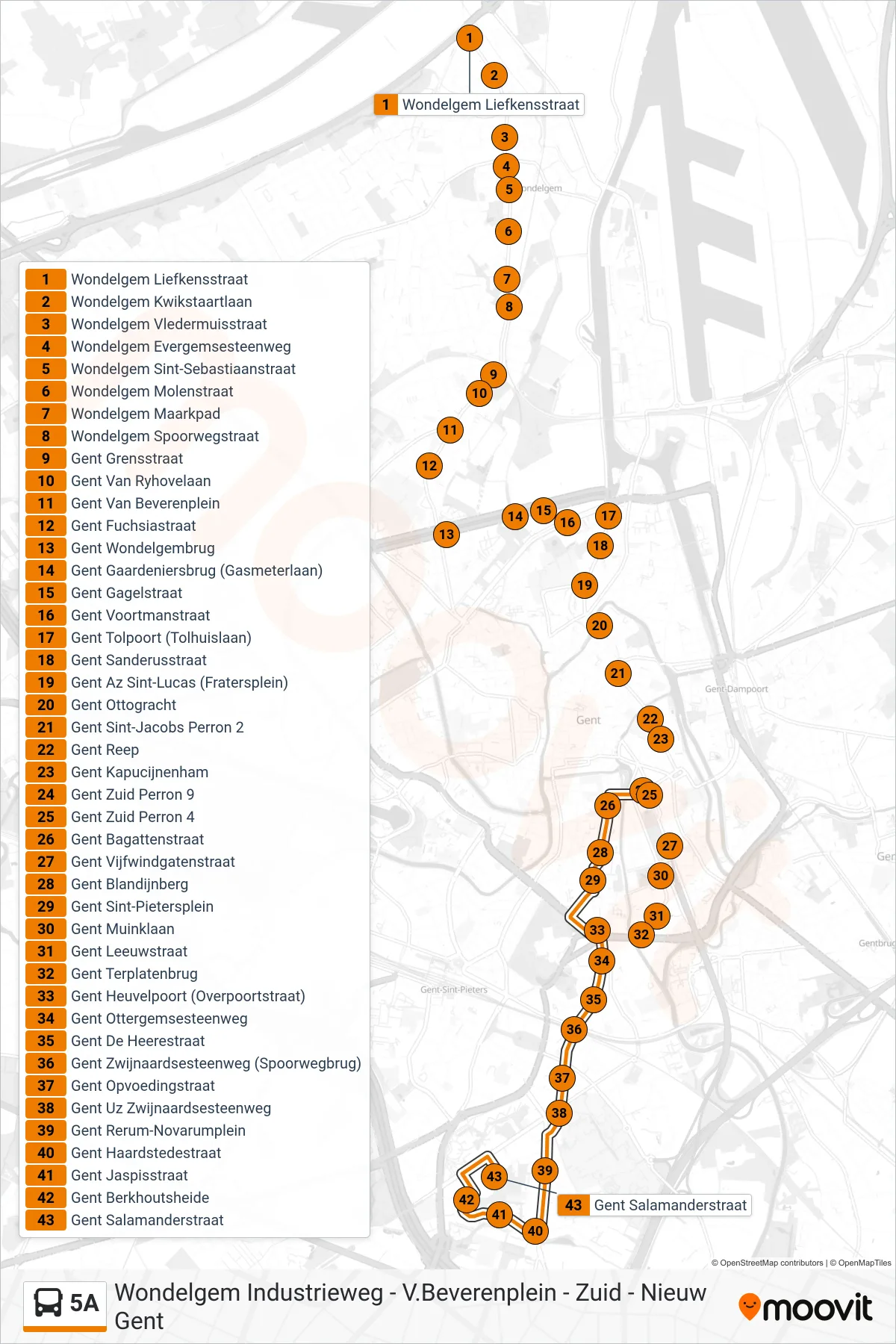 5A bus Line (Ghent Salamander Street) route and stops on a map
