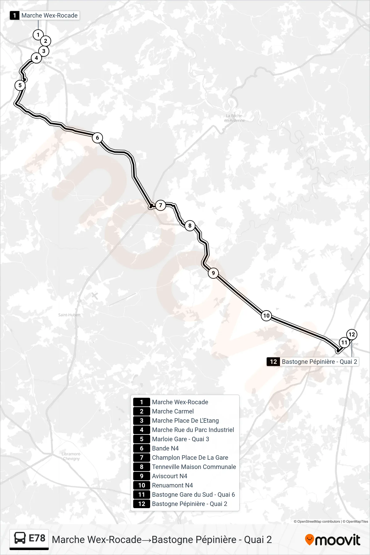 Lijn E78 (bus, Marche Wex-Rocade→Bastogne Pépinière - Quai 2): route en haltes op de kaart