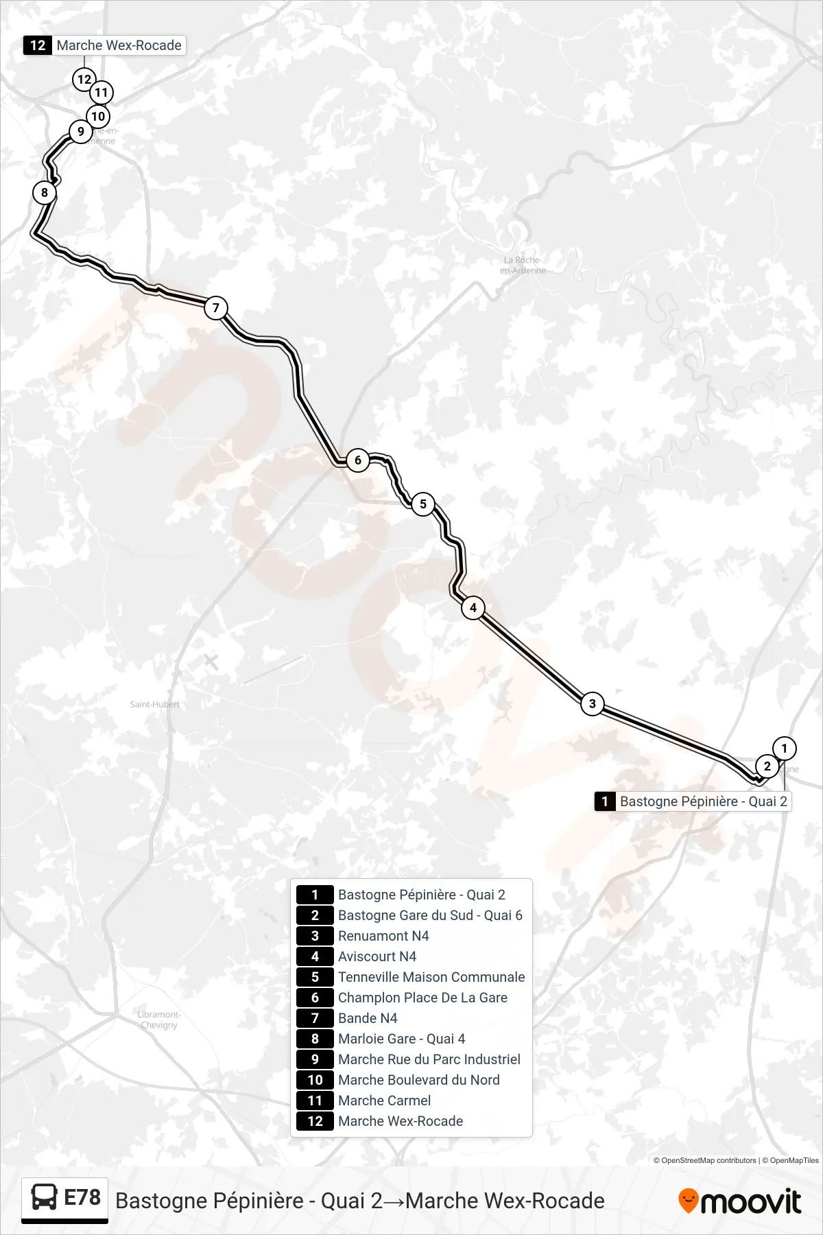 Lijn E78 (bus, Bastogne Pépinière - Quai 2→Marche Wex-Rocade): route en haltes op de kaart