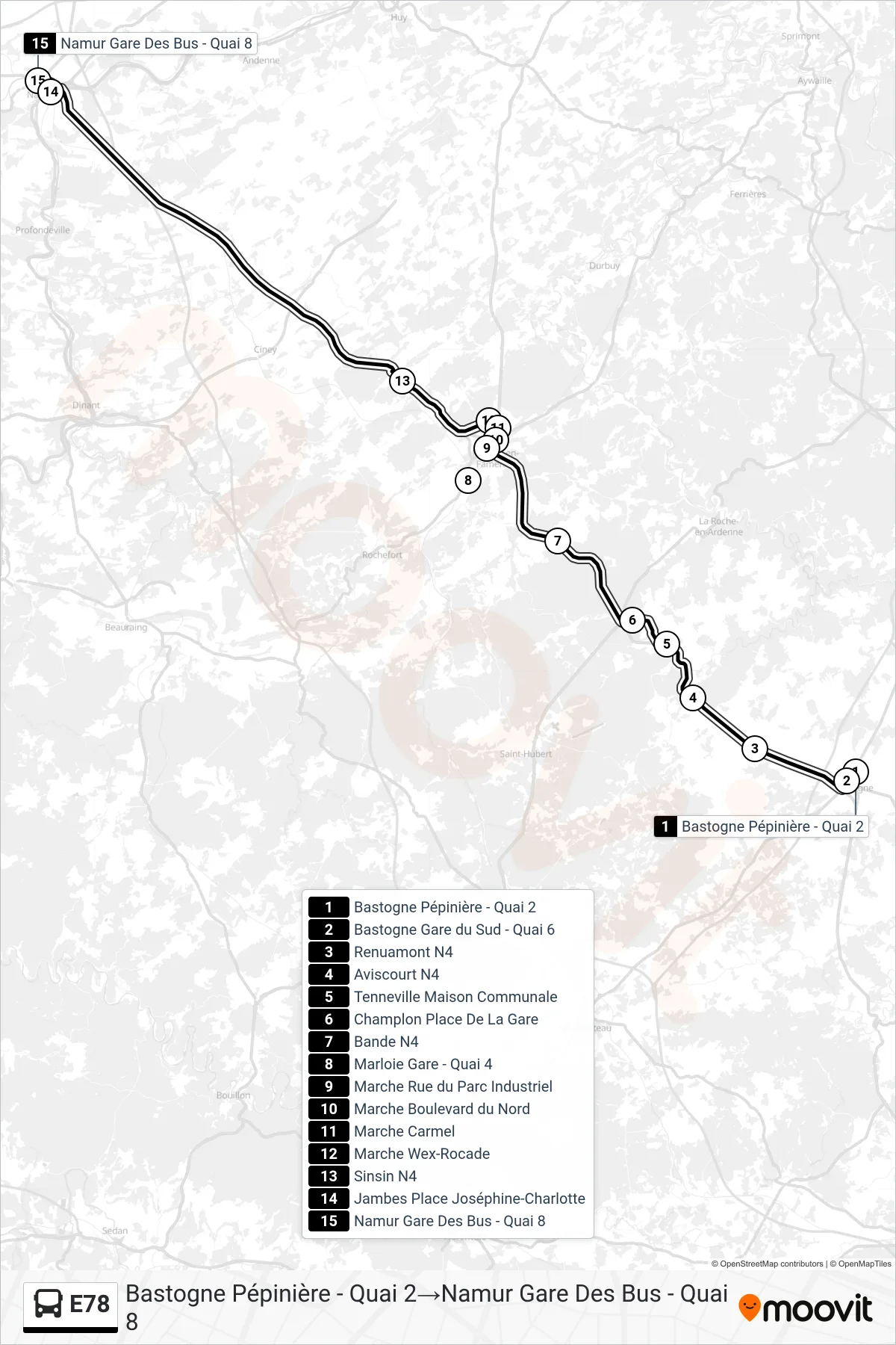 Lijn E78 (bus, Bastogne Pépinière - Quai 2→Namur Gare Des Bus - Quai 8): route en haltes op de kaart