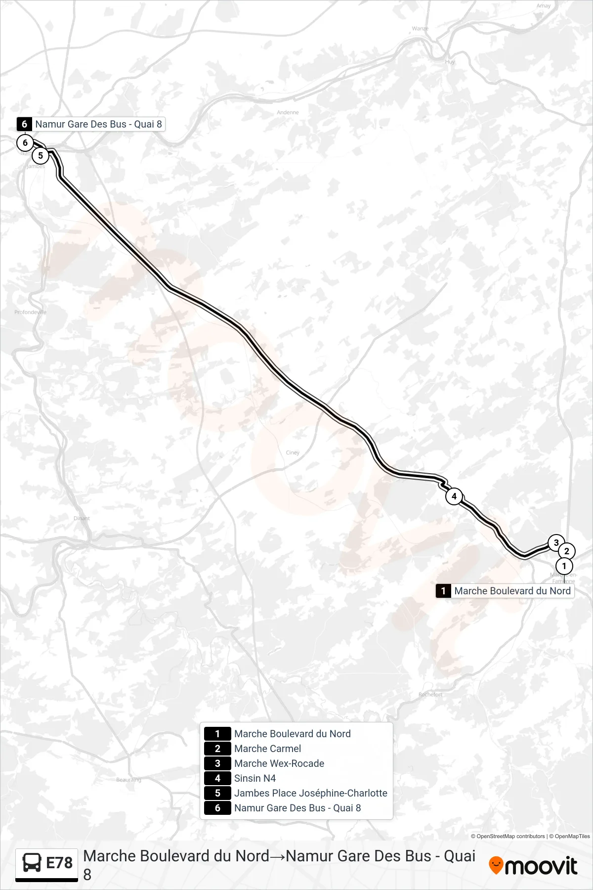Lijn E78 (bus, Marche Boulevard du Nord‎→Namur Gare Des Bus - Quai 8): route en haltes op de kaart