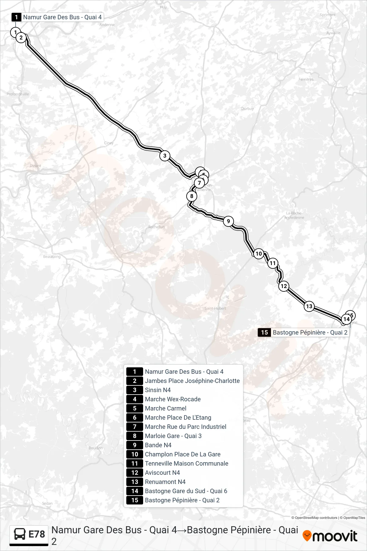 E78 bus Line (Namur Bus Station - Platform 4→Bastogne Nursery - Platform 2) route and stops on a map