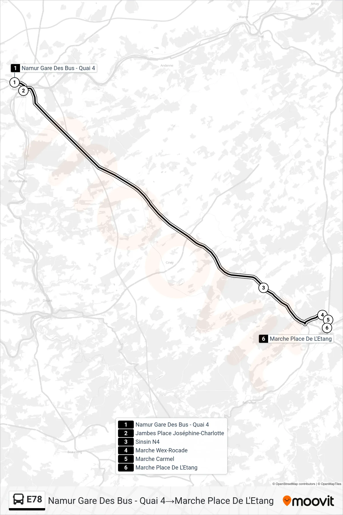 E78 bus Line (Namur Bus Station - Platform 4‎→Marche Pond Square) route and stops on a map