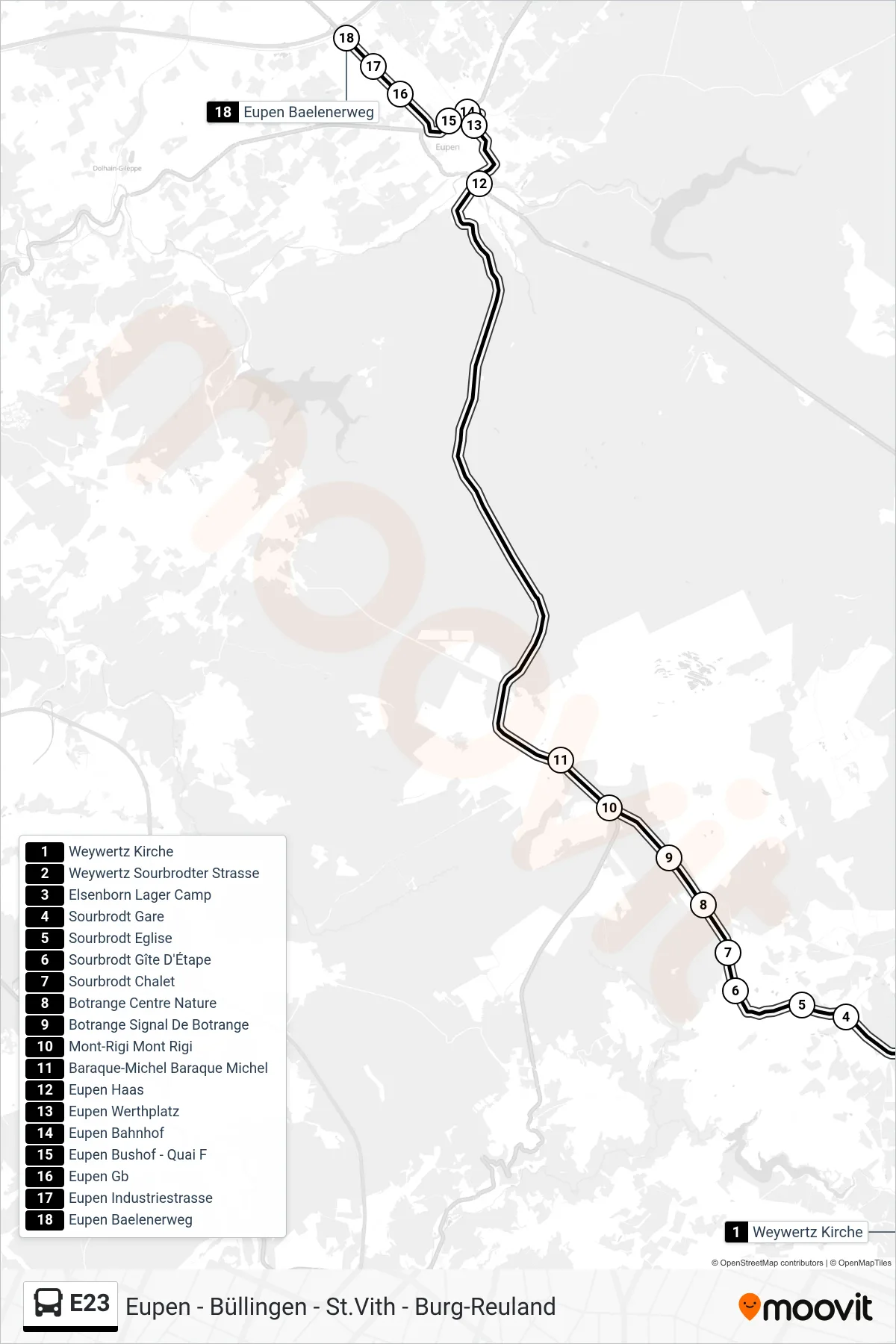 Lijn E23 (bus, Weywertz Kirche‎→Eupen Baelenerweg): route en haltes op de kaart