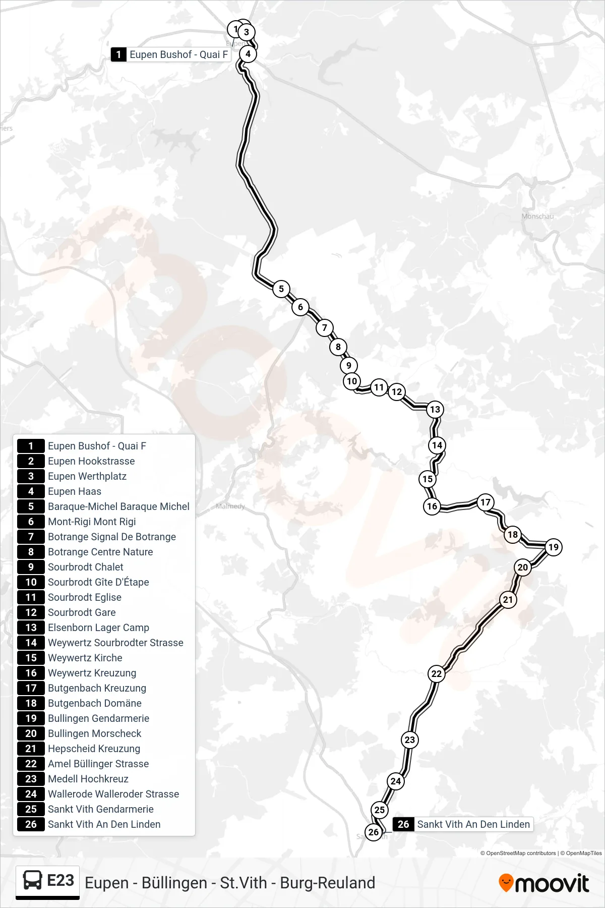 E23 bus Line (Eupen Bus Station - Platform F‎→Sankt Vith At The Lindens) route and stops on a map
